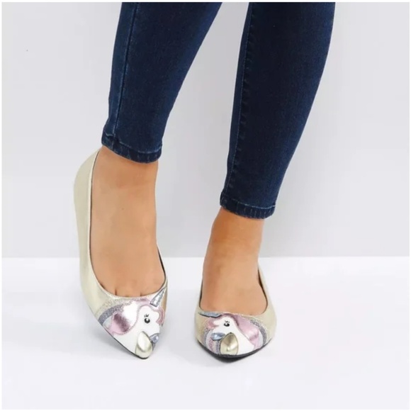 ASOS Shoes - ASOS Loopy Lou Wide Fit Gold Point Toe Unicorn Ballet Flats